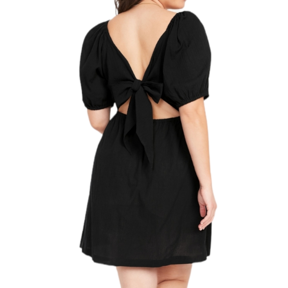 Old Navy Puff Sleeve Tie Back Cut Out Black Mini Swing Dress Women's Size Small